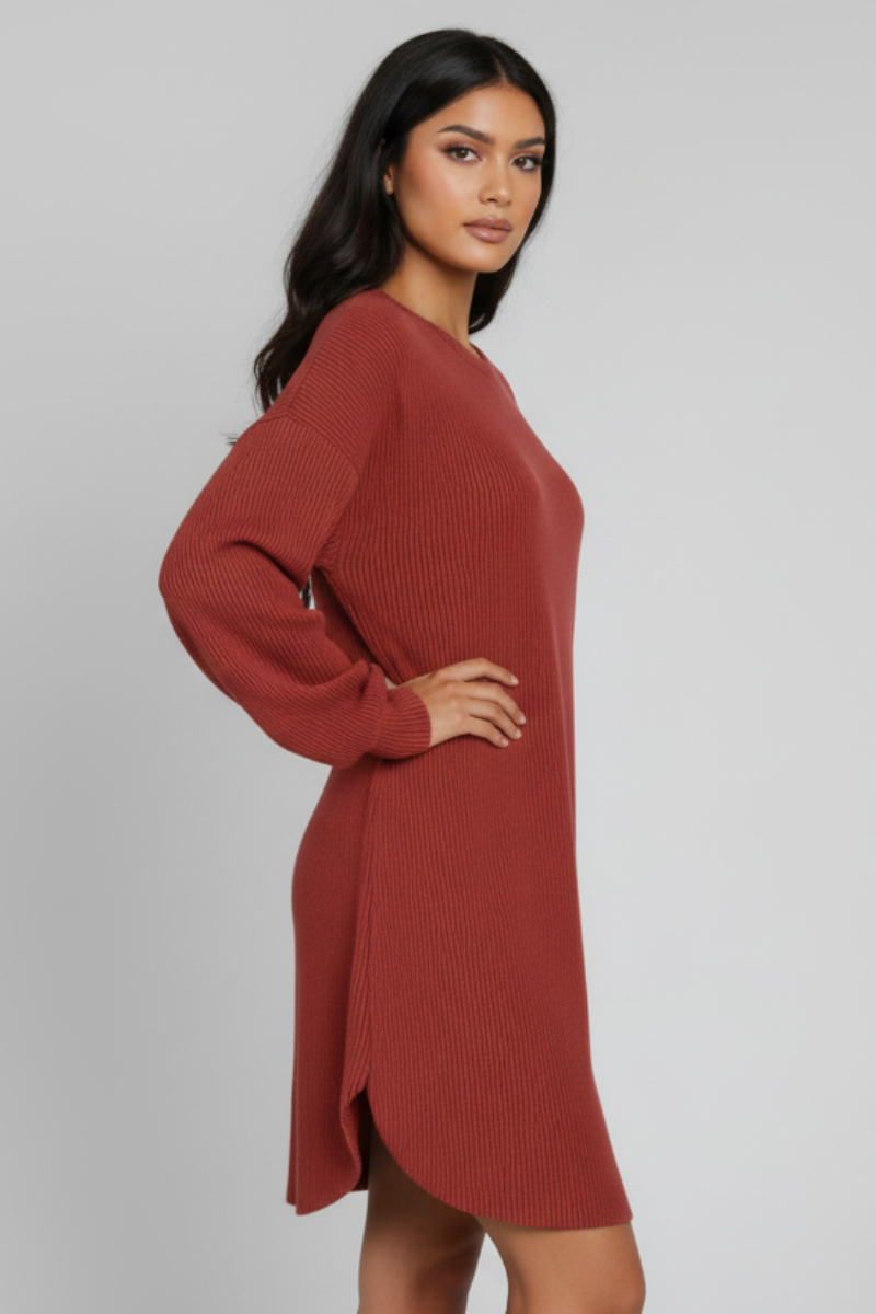 LONG PUFF SLEEVE SOLID URBAN RIBBED MINI DRESS