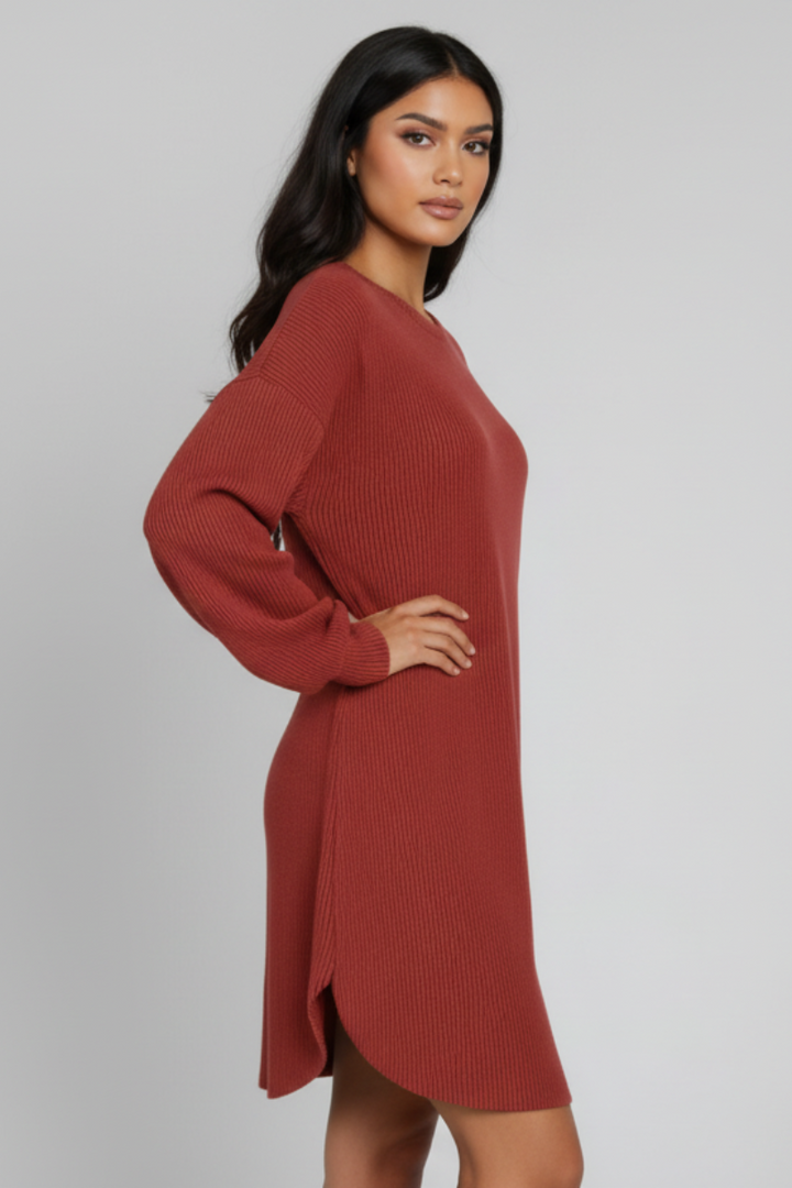 LONG PUFF SLEEVE SOLID URBAN RIBBED MINI DRESS