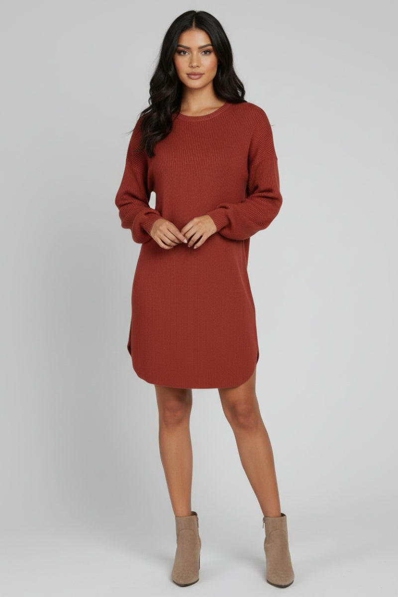LONG PUFF SLEEVE SOLID URBAN RIBBED MINI DRESS
