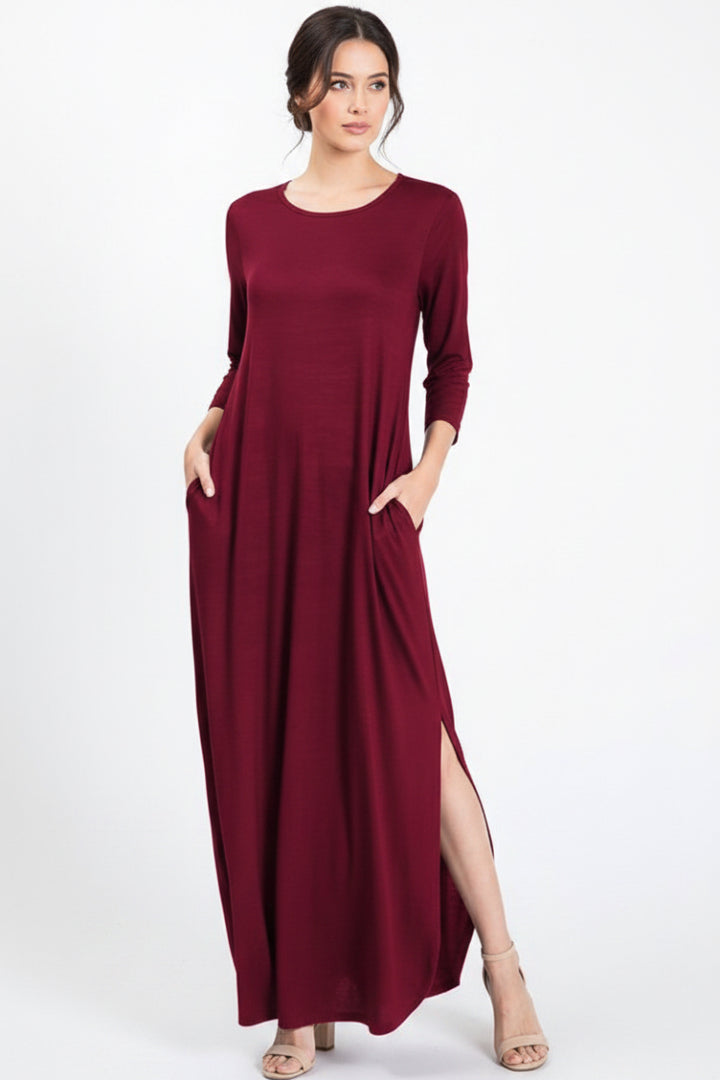 THREE QUARTER SLEEVE ROUND NECK SOLID MAXI DRESS