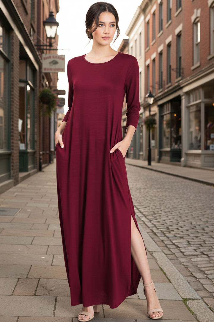 THREE QUARTER SLEEVE ROUND NECK SOLID MAXI DRESS