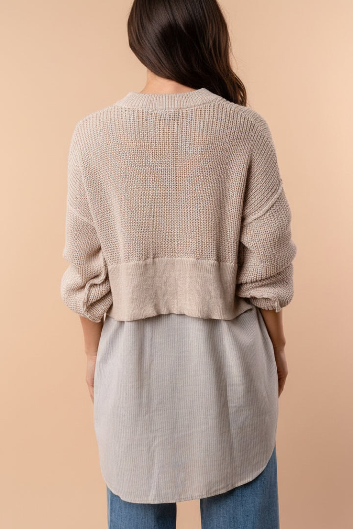 LONG SLEEVE HALF SWEATER HALF BUTTON DOWN TOP-WB10522XL