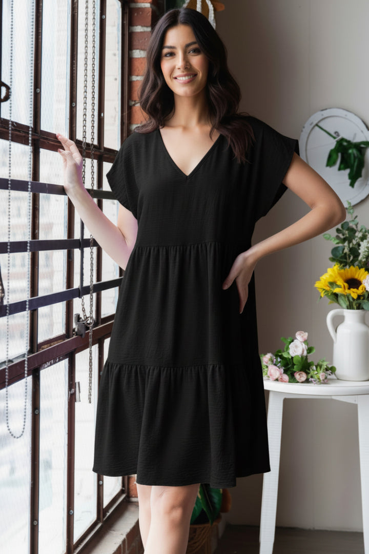 PLUS SIZE DOLMAN SHORT SLEEVE V NECK SOLID TIERED MINI DRESS*
