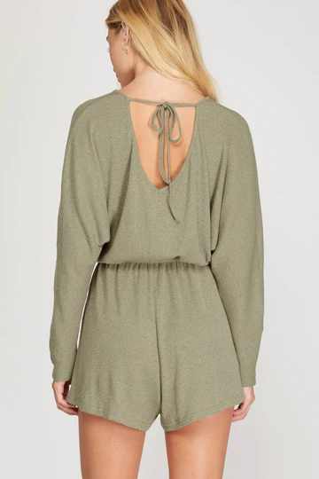 MOCHA LONG SLEEVES BACK TIE DETAIL ROMPER