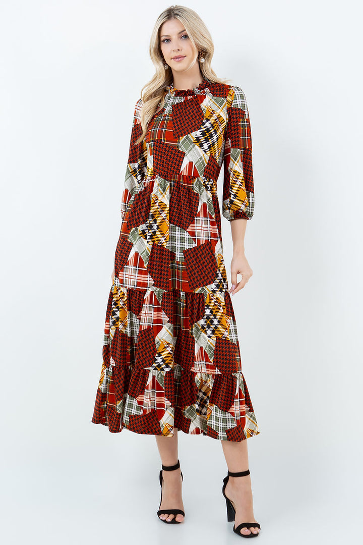 PLUS SIZE CREW NECK 3/4 SLEEVE MIDI DRESS-