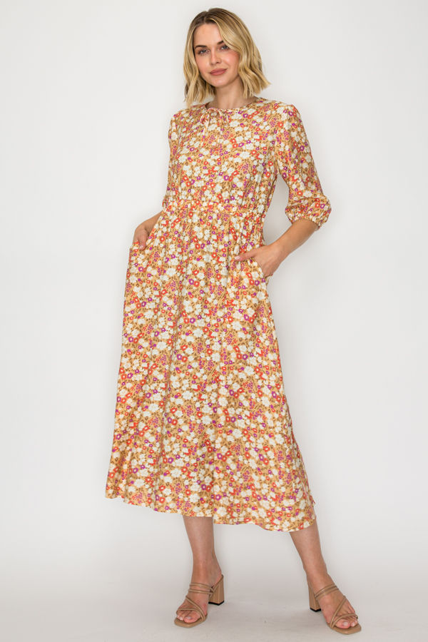 PLUS SIZE FLORAL BOHO MIDI DRESS WITH SIDE POCKETS
