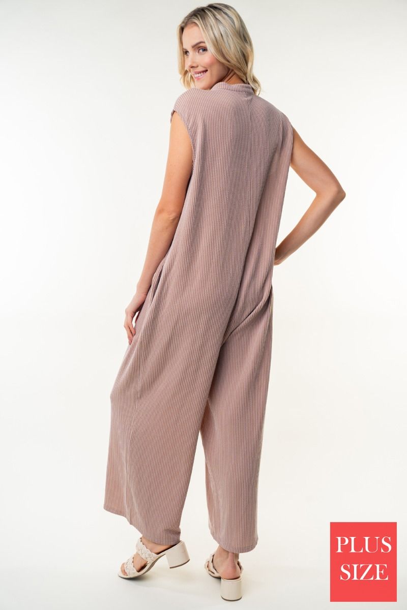 SLEEVELESS SOLID KNITE PLUS SIZE JUMPSUIT WITT HALF BUTTON UP