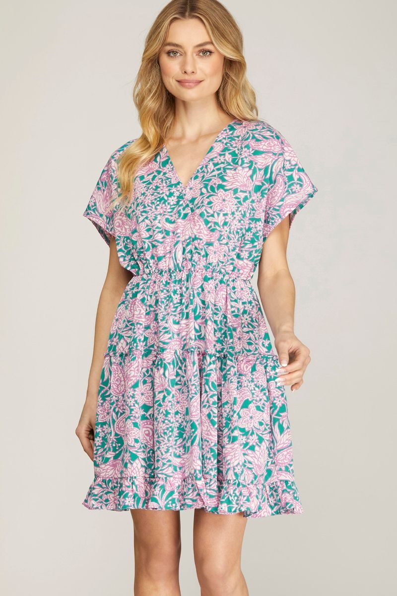 BLUE KIMONO SLEEVES SURPLICE TIERED WOVEN MINI DRESS SKSY6471