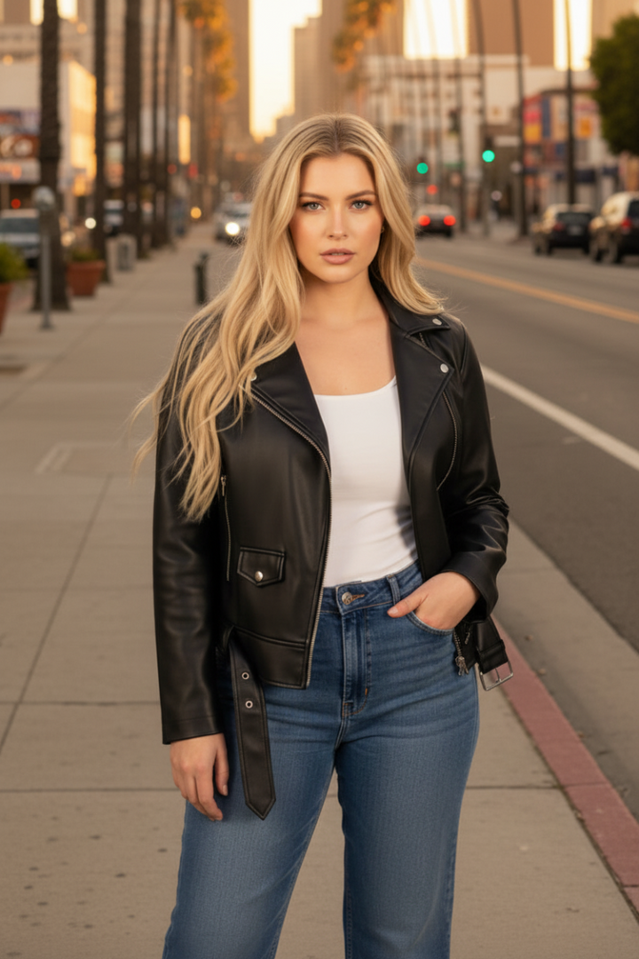 BLACK ZIPPERED FAUX LEATHER JACKET