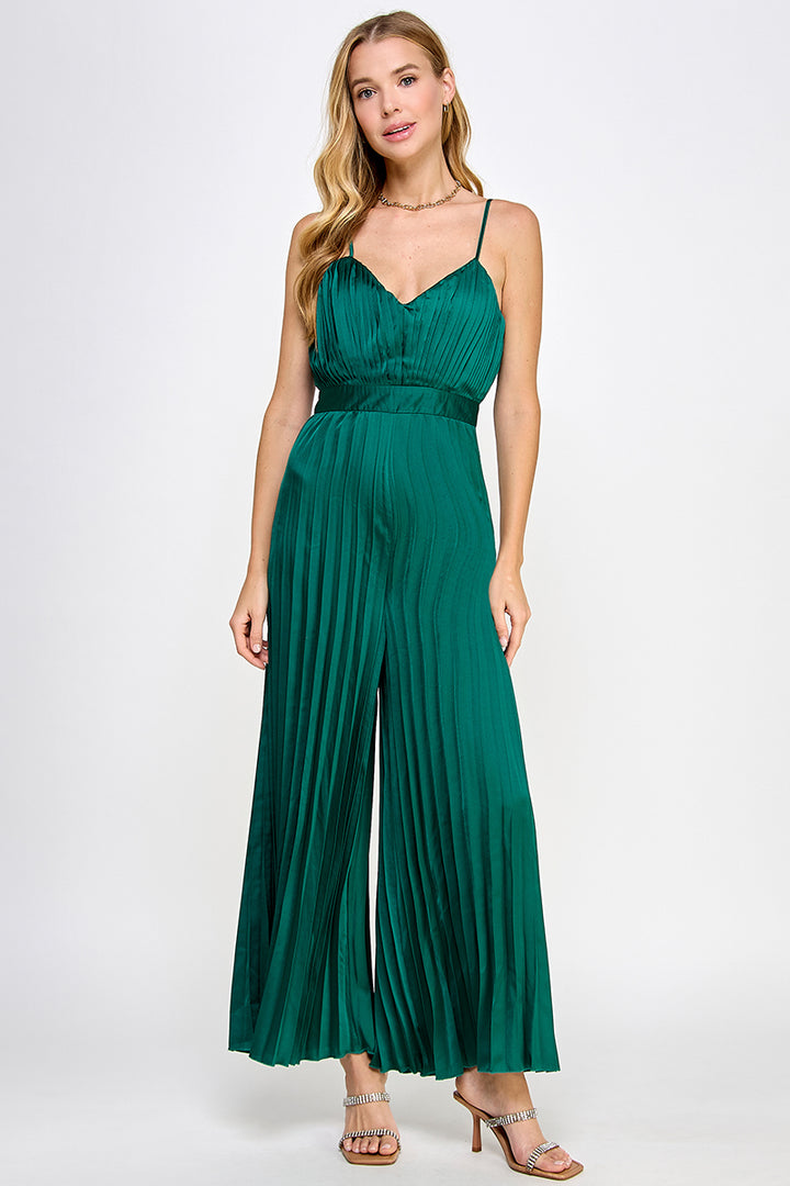 SATIN PLEATED WIDE LEG JUMPSUIT