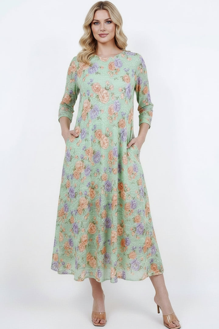 FLORAL LACE, DESIGNED WITH A MODEST ROUND NECK MIDI DRESS