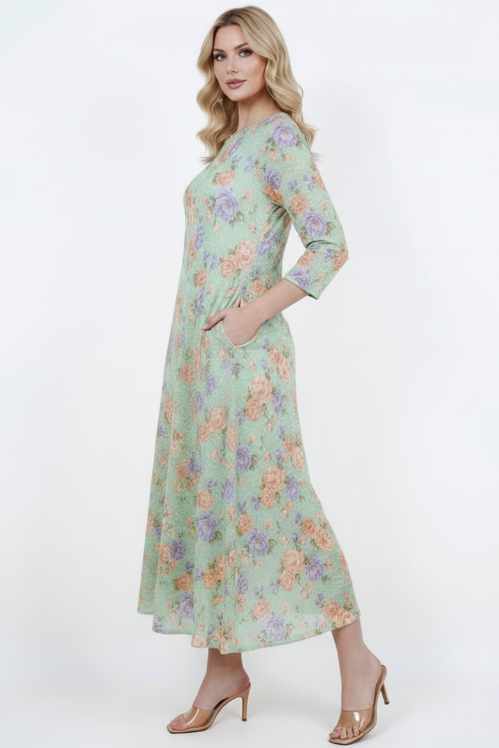 FLORAL LACE, DESIGNED WITH A MODEST ROUND NECK MIDI DRESS