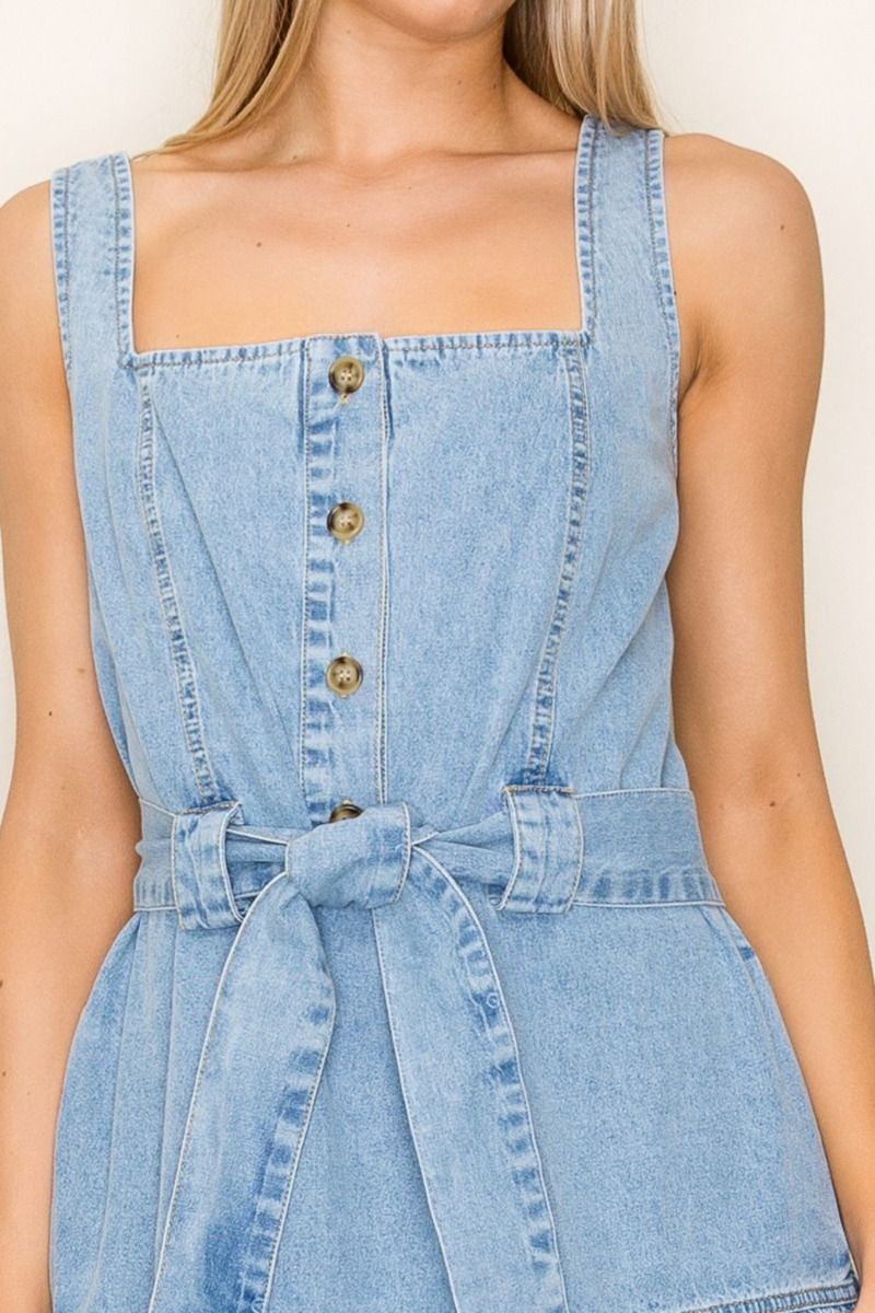 WAIST TIE SQUARE NECK DENIM MIDI DRESS-WBD90762XL
