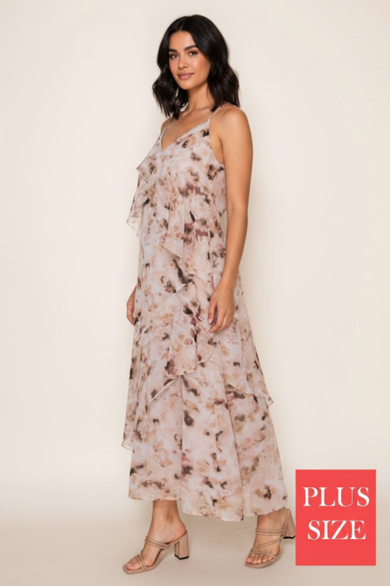 PLUS SIZE V-NECK RUFFLE MAXI DRESS-WBD90755P