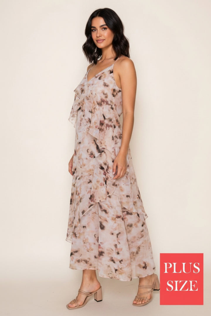 PLUS SIZE V-NECK RUFFLE MAXI DRESS-WBD90755P