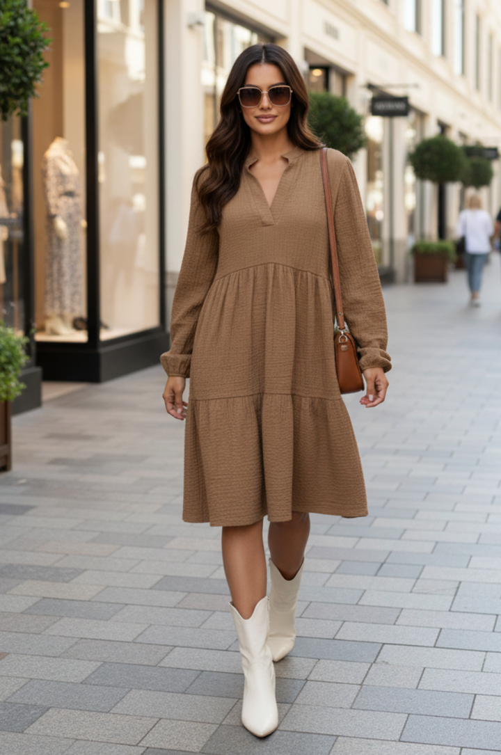MANDARIN COLLAR TIERED MINI DRESS HMED6794