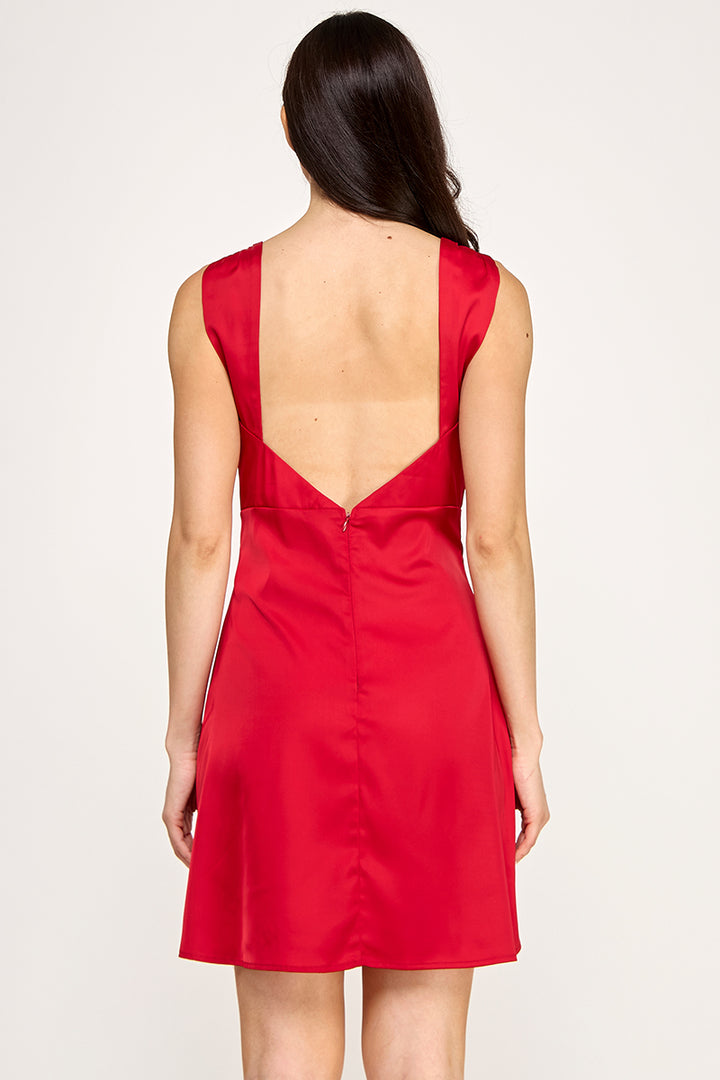 SLEEVELESS SATIN DRESS.WITH PLETED NECKLINE .