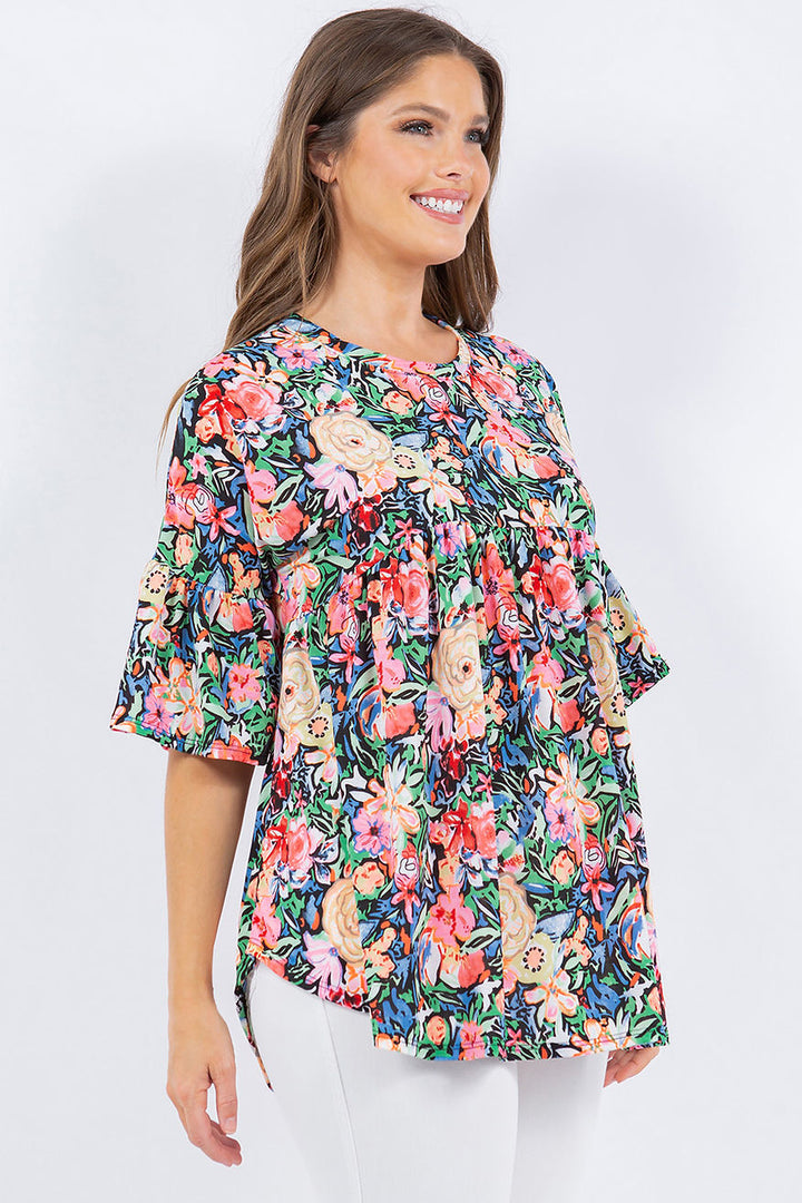 PLUS SIZE ROUND NECK BELL SLEEVE TUNIC TOP