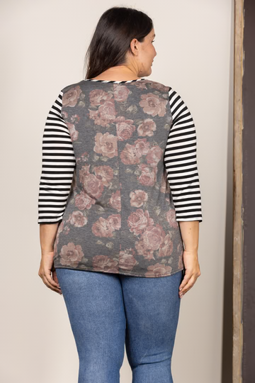 FLORAL STRIPE TWISTED HEM PLUS SIZE TOP T2324