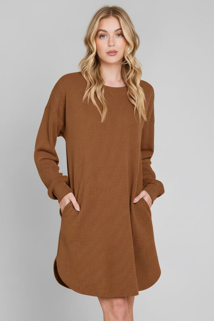 PLUS SIZE LONG PUFF SLEEVE SOLID URBAN RIBBED MINI DRESS