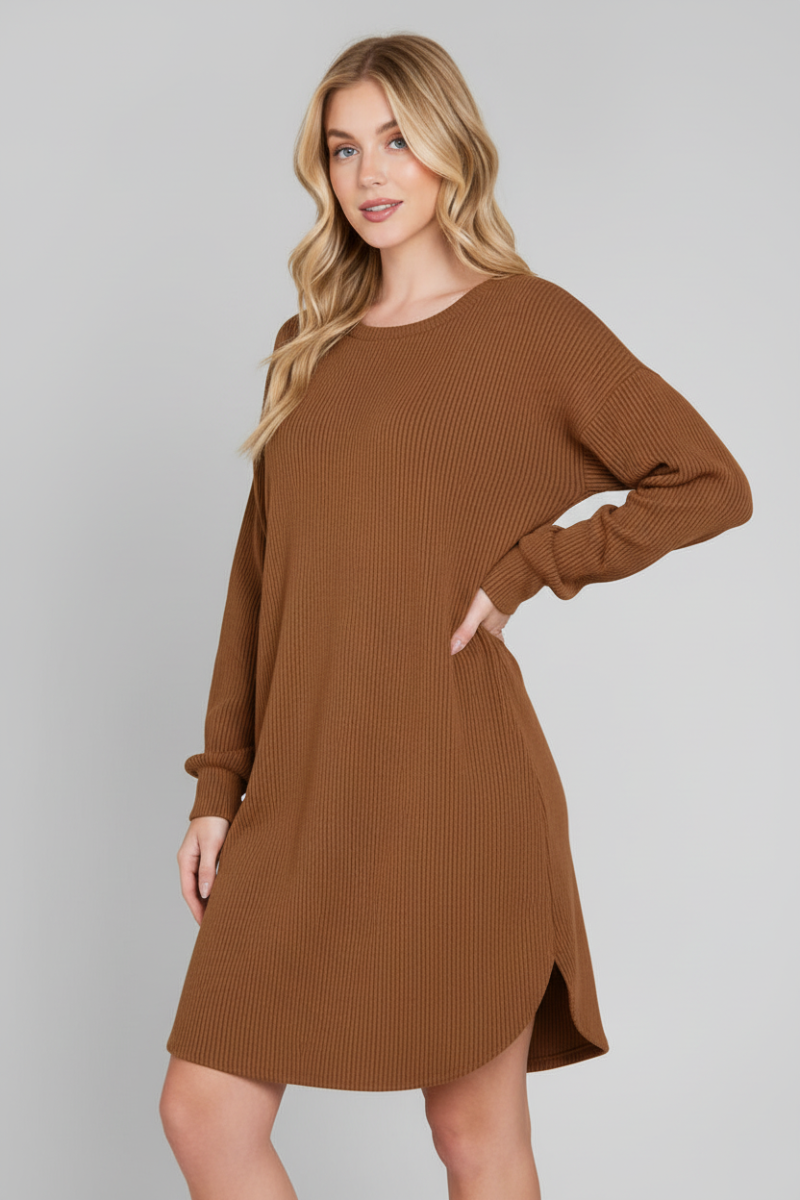 PLUS SIZE LONG PUFF SLEEVE SOLID URBAN RIBBED MINI DRESS
