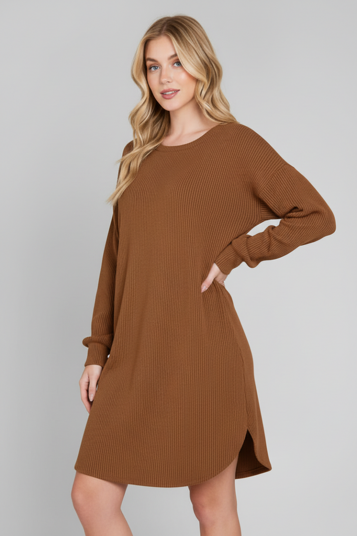 PLUS SIZE LONG PUFF SLEEVE SOLID URBAN RIBBED MINI DRESS