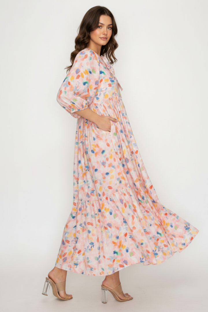 FLOWY MIDI DRESS FEATURES A SOFT BLUSH BASE-SHD1035