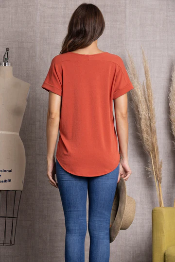 MINT SOLID V-NECK FOLDED HEM SHORT SLEEVE  TOP-ST11396