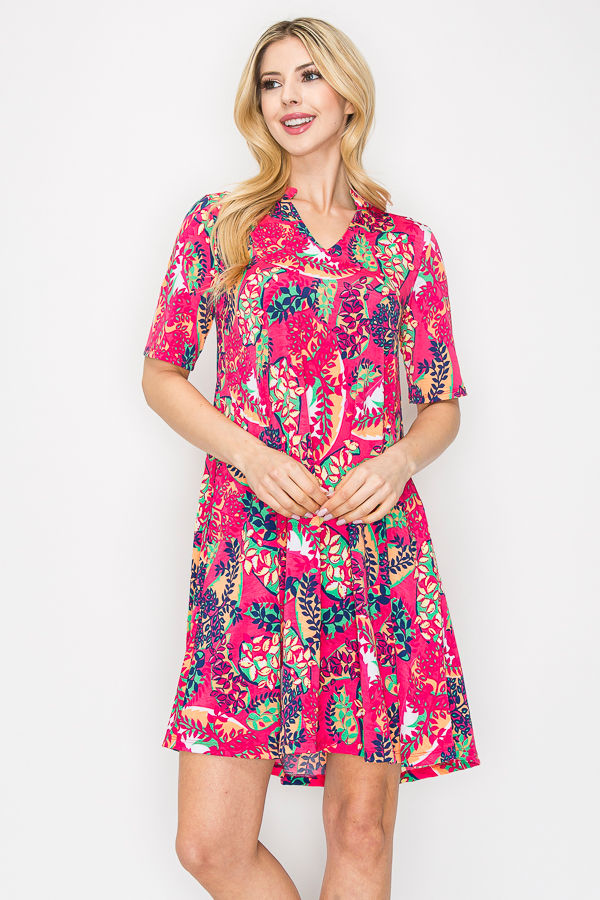 TROPICAL PRINT SWING SHORT SLEEVE PLUS SIZE MINI DRESS-SHVC5086ES