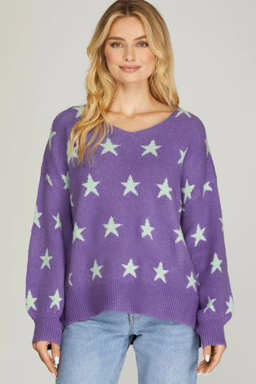 PINK STAR PATTERN CREW NECK LONG SLEEVES SWEATER SKSY5251