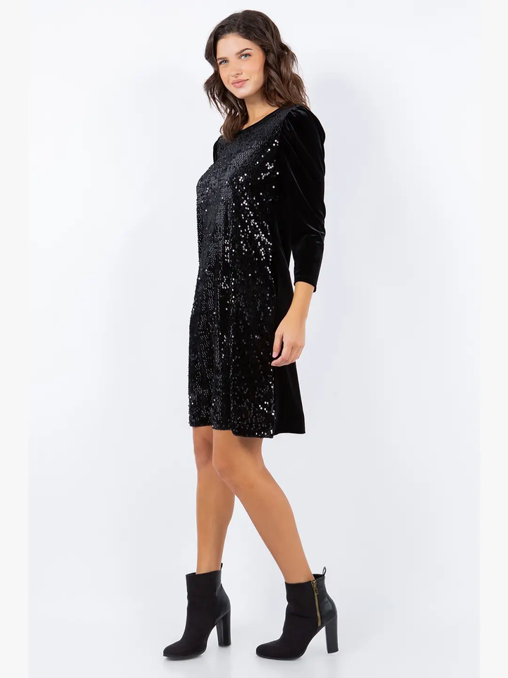 BLACK SEQUINS DETAIL VELVET CONTRAST PLUS SIZE MINI DRESS-SHVC5792X