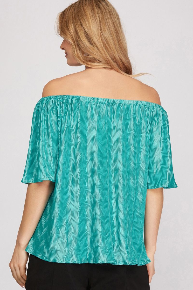 GREEN OFF SHOULDER PLISSE WOVEN TOP SKSY3901