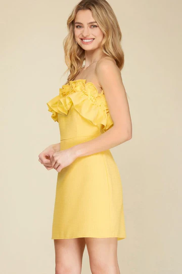 HOT PINK RUFFLED DETAIL TEXTURED SLEEVELESS WOVEN MINI DRESS