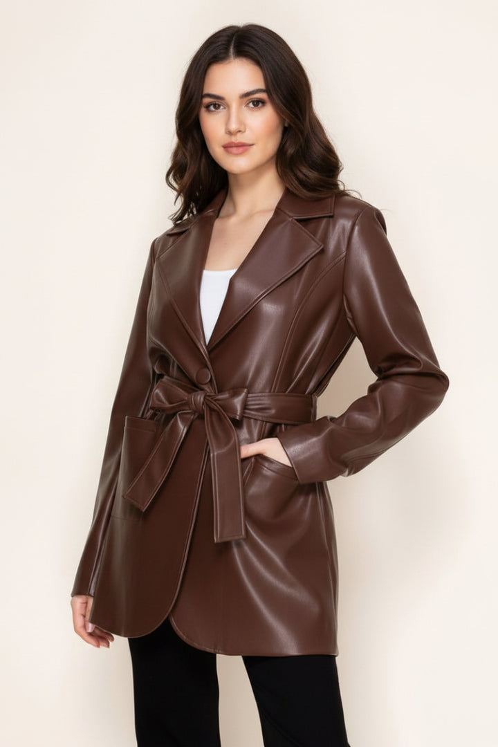 LONG SLEEVE WAIST TIE LEATHER JACKT-WBT11135XL