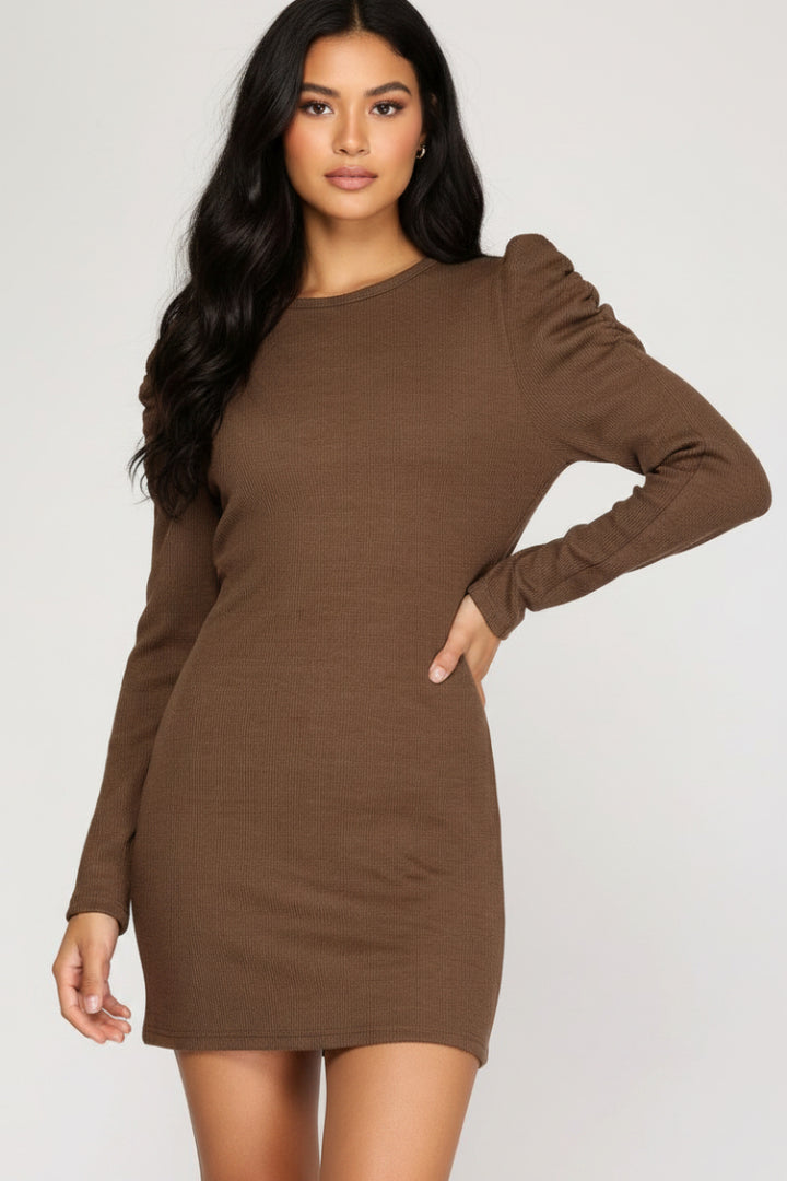 LONG SHIRRED SLEEVES HEAVY KNIT MINI DRESS-SKSS8591-