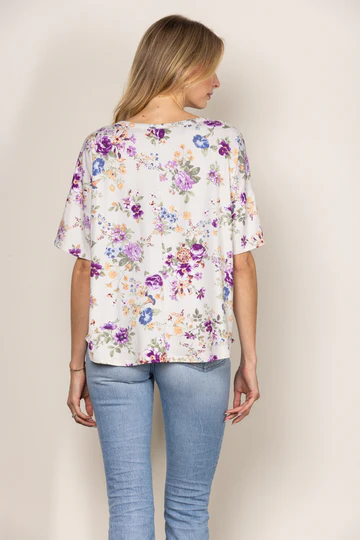 BEIGE FLORAL PRINT SHORT SLEEVES WAFFLE KNIT TOP T1909-4