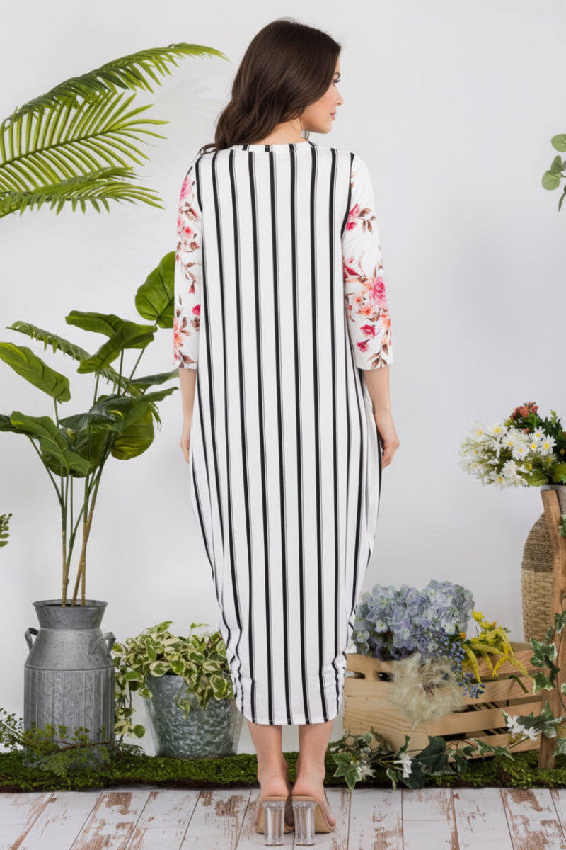 PLUS SIZE STRIPE FLORAL CONTRAST MIDI-DRESS-CLCD43837D