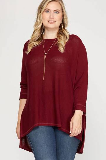 RUST BATWING 3/4 SLEEVES HI-LOW PLUS SIZE KNIT TOP SKPSS6516R