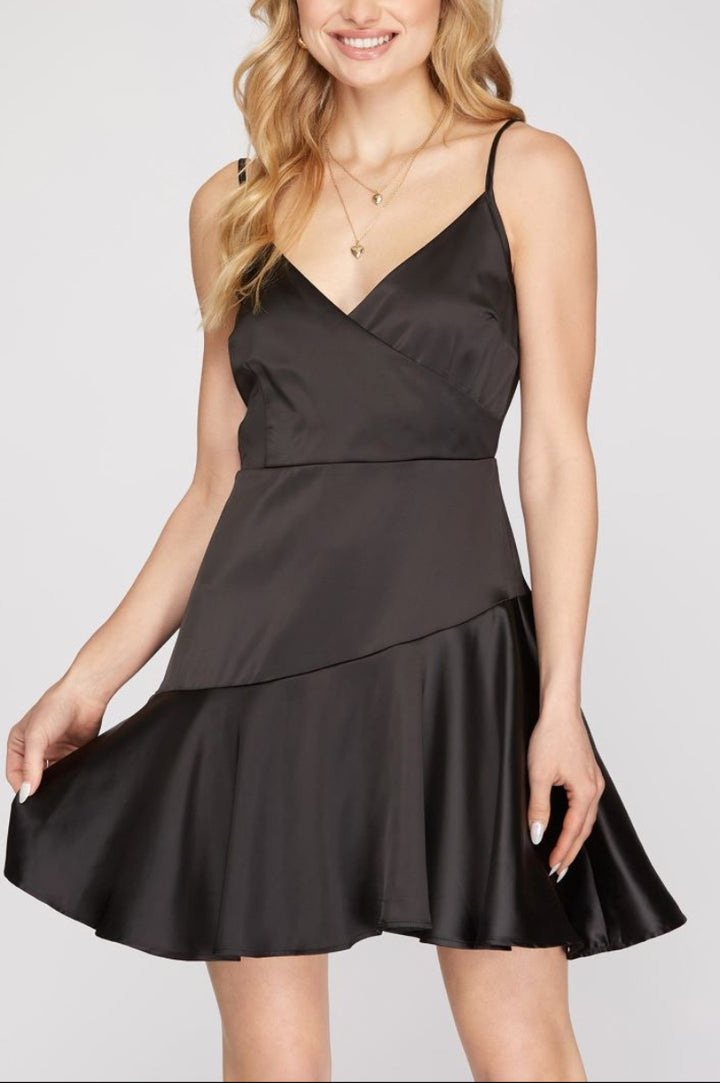 CAMI SURPLICE HEAVY SATIN FLARE MINI DRESS SKSY3866