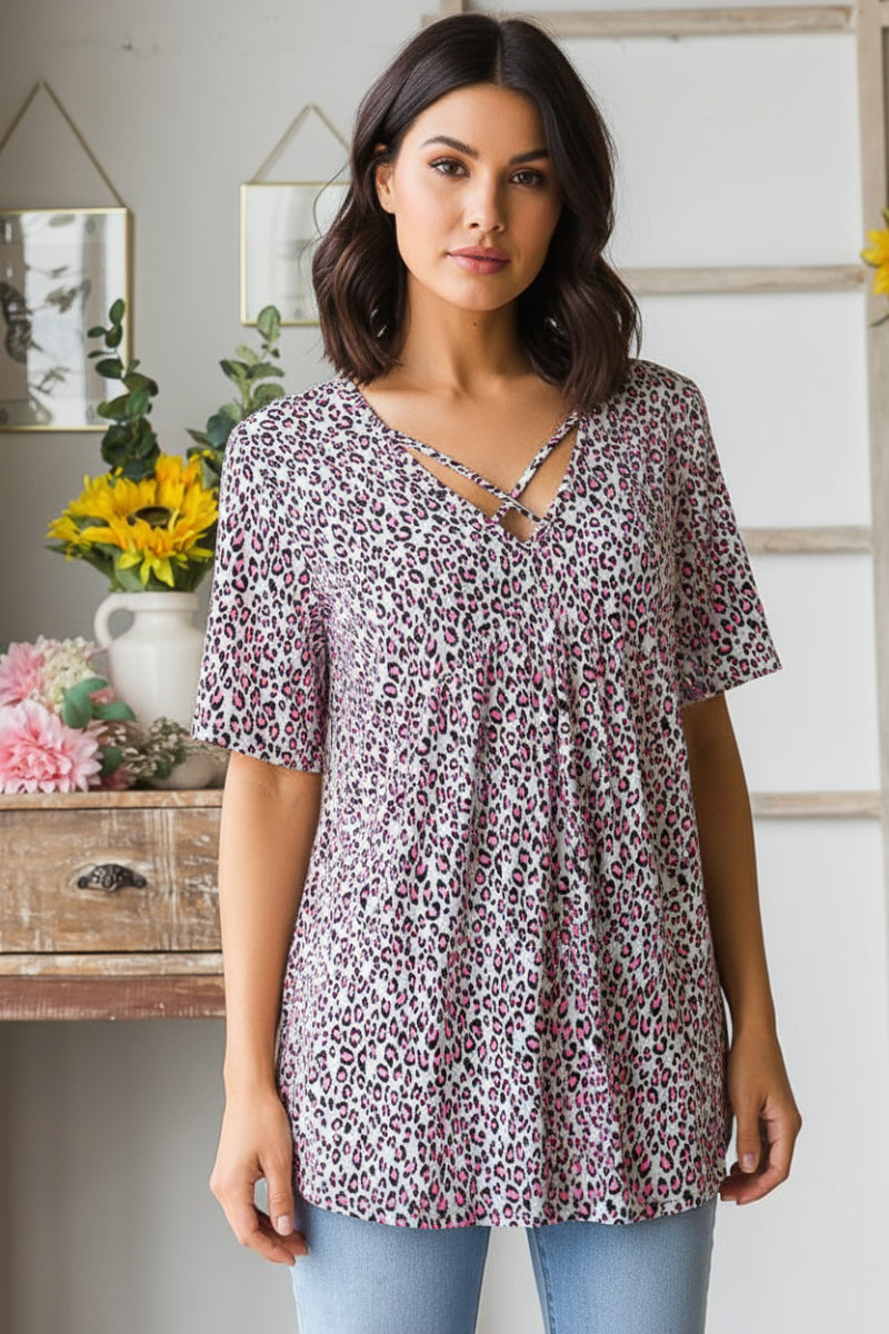 V NECK ANIMAL PRINT BABYDOLL TOP-HMET6117-30