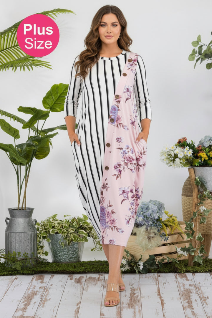 PLUS SIZE STRIPE FLORAL CONTRAST MIDI-DRESS-CLCD43837D