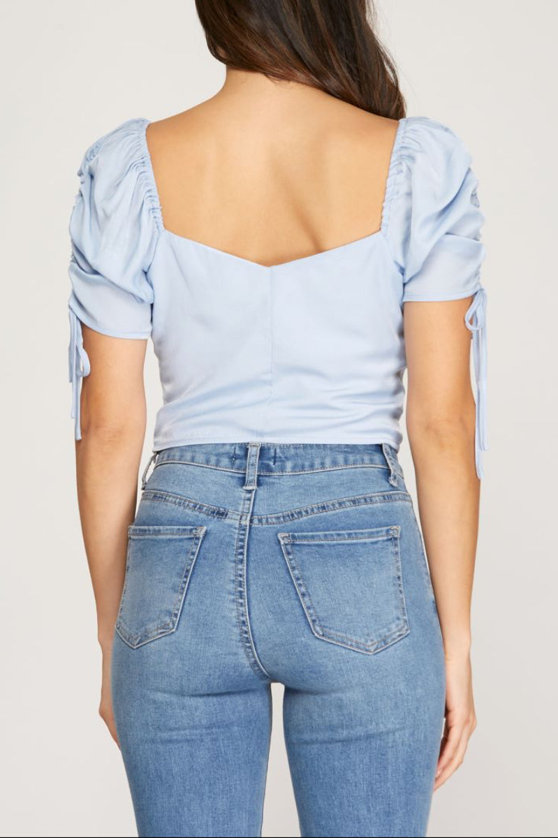 SHORT RUCHED SLEEVES FRONT SHIRRED SIDE ZIP CROP TOP SKSS9262