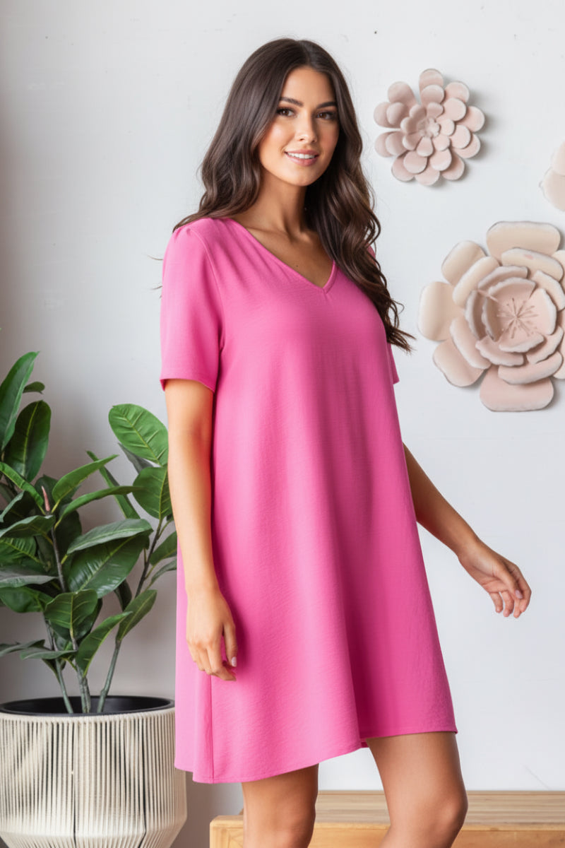 SHORT SLEEVE V NECK SOLID AIRFLOW WOVEN DRESS-HMED6880