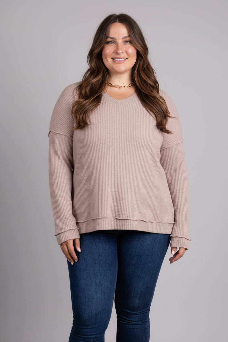 CHARCOAL RIBBED KNIT LONG SLEEVES PLUS SIZE TOP M5044P
