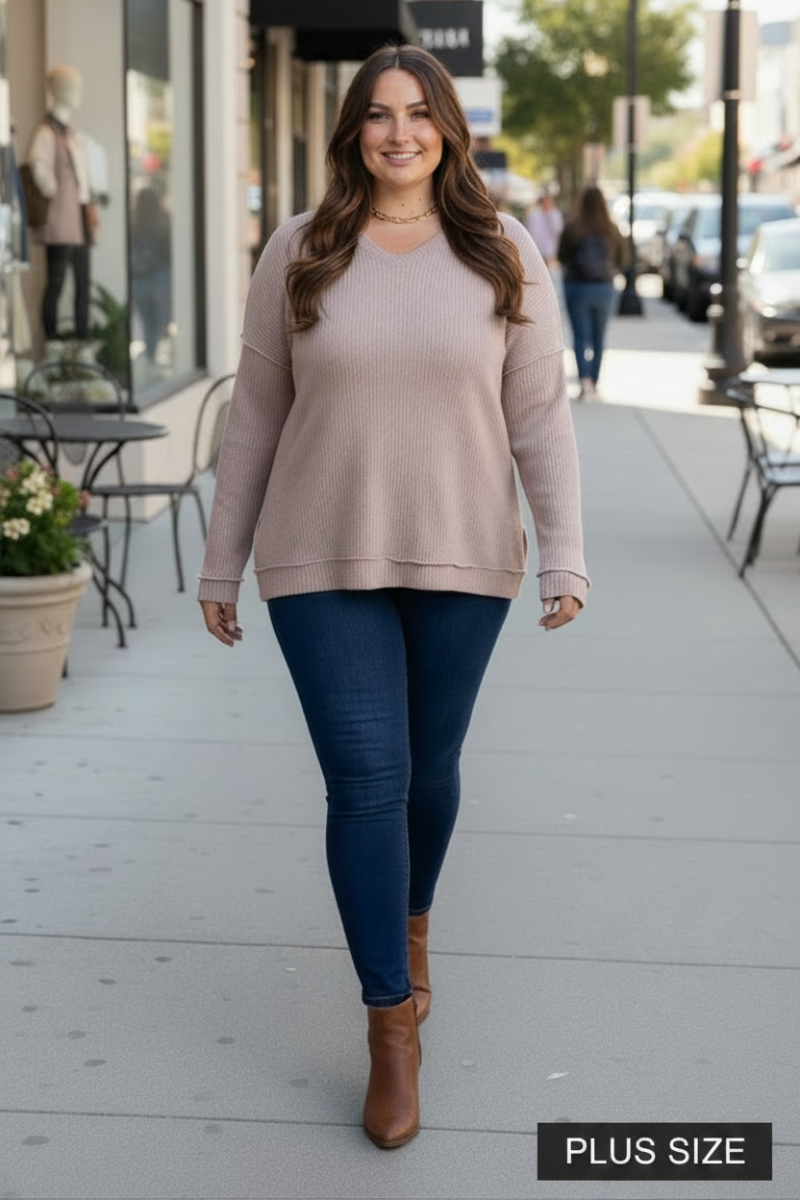 CHARCOAL RIBBED KNIT LONG SLEEVES PLUS SIZE TOP M5044P
