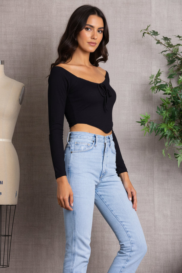 SPRUCE  RIBBED LONG SLEEVES V-CUT HEMLINE  CROP TOP-L7328