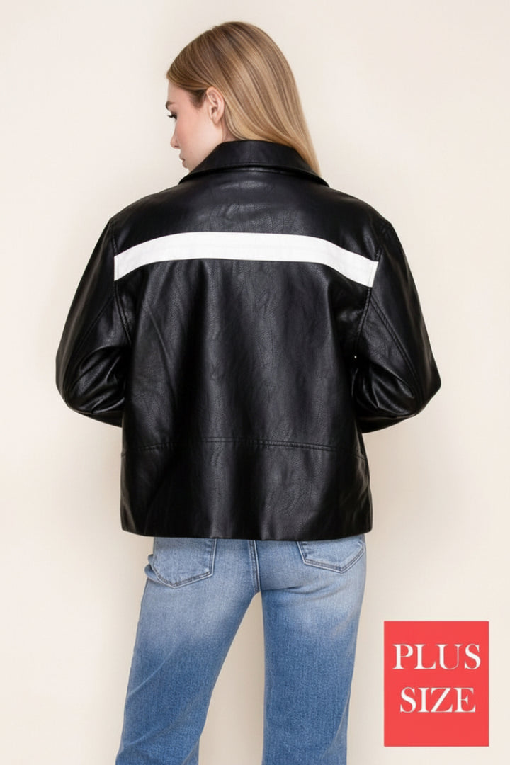 PLUS SIZE BLACK PU LEATHER JACKET WHIT FRONT ZIP-UP-WBT11052P