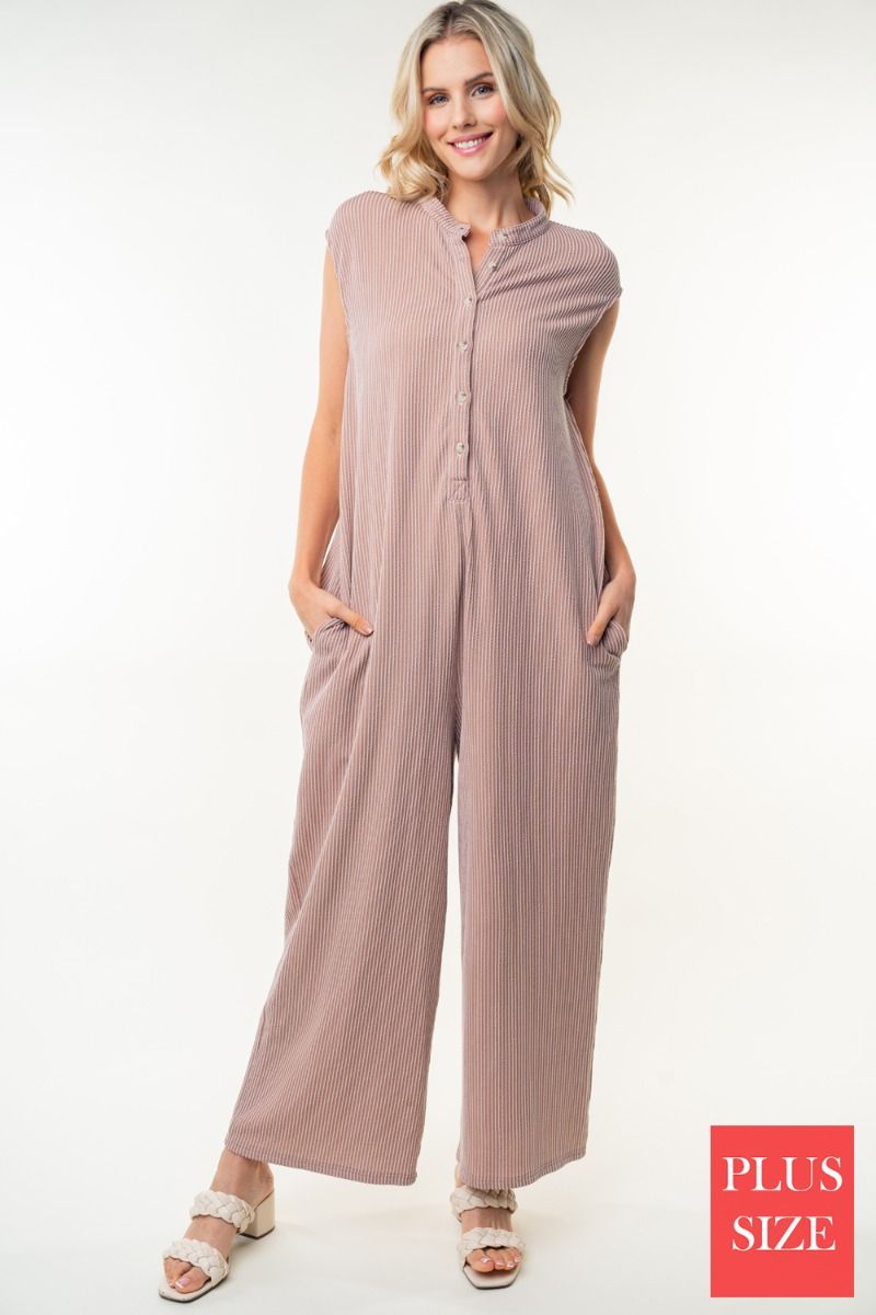 SLEEVELESS SOLID KNITE PLUS SIZE JUMPSUIT WITT HALF BUTTON UP