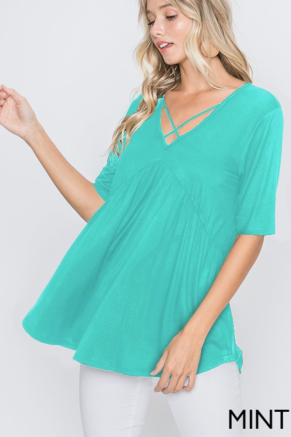 HALF SLEEVE CRISSCROSS V NECK SOLID BABYDOLL TOP
