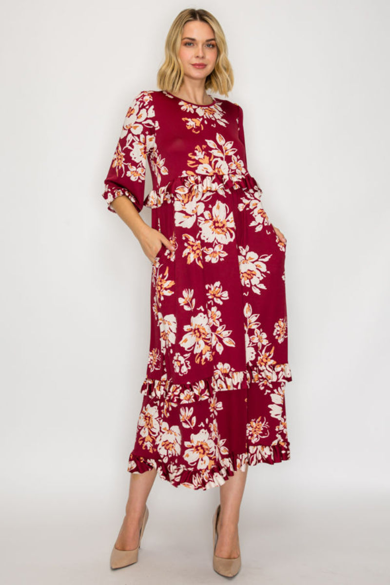 PLUS SIZE TIERED RUFFLE MIDI DRESS WITH SIDE POCKETS